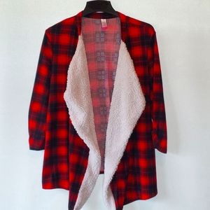 No Boundaries Red and Black Plaid Sherpa-Lined Open Cardigan